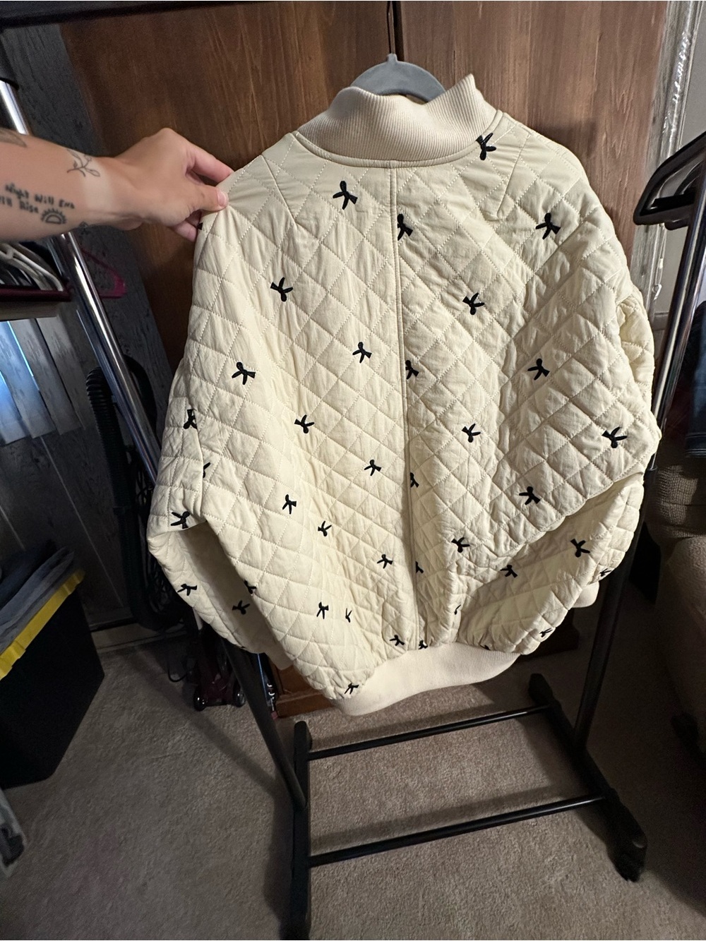 MABLE Cream Quilted Bomber Jacket with Bow details - Picture 2 of 2